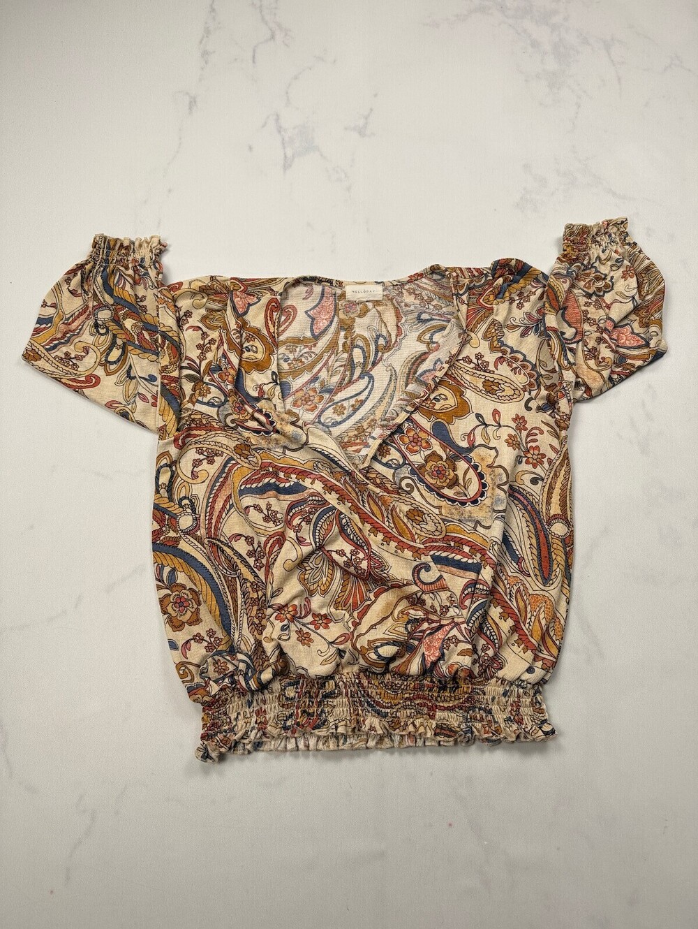 Melloday Printed Blouse Beige 70s Retro - Womens M